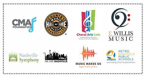 We Are Nashville Sponsor Logos: CMA Foundation, Country Music Hall of Fame, Choral Arts Links, F. Willis Music, Nashville Symphony, We Are Nashville, Music Makes Us, Metro Nashville Public Schools